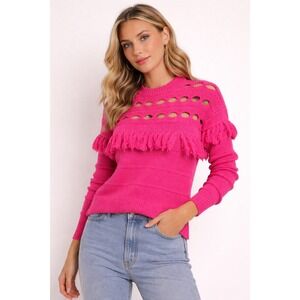 Jonathan Simkhai Pink Cotton Fringe Pointelle Knit Sweater XS Long Sleeve